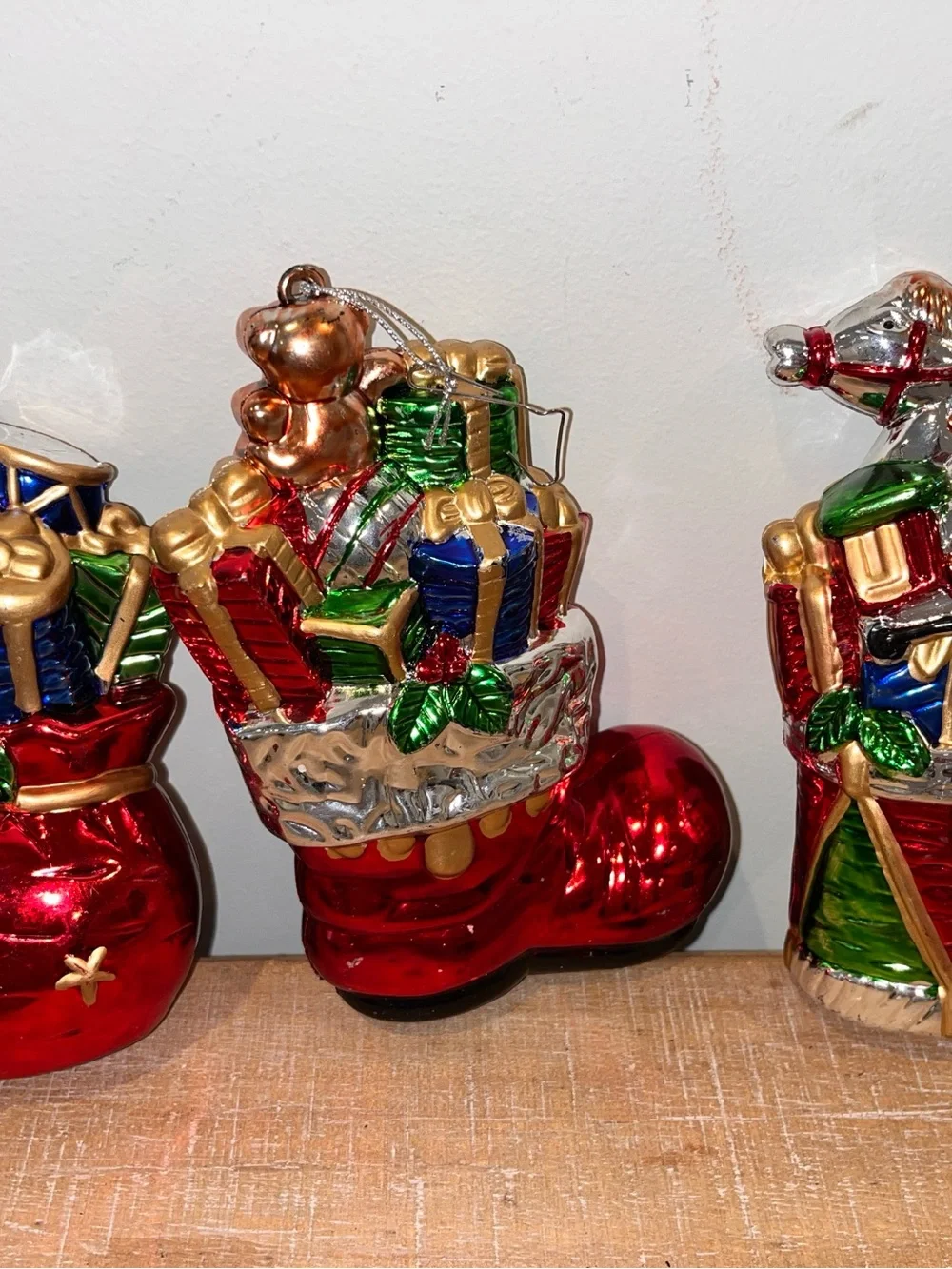 Holiday Glass Ornament Set - Red, Gold & Green Christmas Stocking and Drum 6.5”